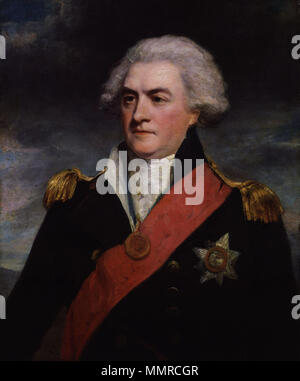 . Inglese: Adam Duncan era un ammiraglio inglese che ha sconfitto la flotta olandese off Camperdown. Questo ritratto lo mostra indossando la stella e il telaio del russo Ordine Imperiale di San Alexander Nevsky, aggiudicato a lui dello Zar Paolo I (1797). Ritratto di Adam Duncan, primo Visconte Duncan (1731-1804). circa 1798. Adam Duncan, primo Visconte Duncan da John Hoppner Foto Stock