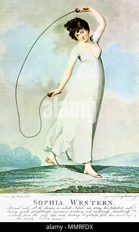 . Un Marzo 20 1800 pin-up di tipo Stampa (o uno dei " pezzi di fantasia in acquatinta e da imbianchino raffiguranti belle ragazze in abiti fragile [che] formato un gran parte del lavoro di molti printsellers a cavallo del XIX secolo", come è descritto nel libro inglese stampa per il collezionista di Stephen Calloway). Incisi da J.C. Stadler e Piercy Roberts dopo un disegno da Adam Buck (Adam Buck e Angelica Kauffmann erano apparentemente due dei più popolari dei primi del XIX secolo "pinup' artisti, anche se tale parola non era ancora entrato in uso poi). La Didascalia in basso: 'Sophia WESTERN: adornata wit Foto Stock