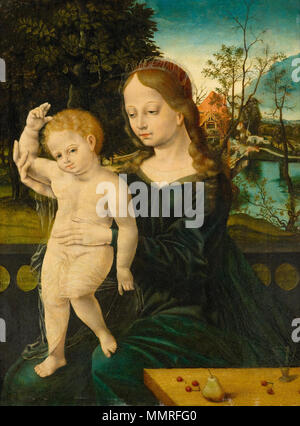 . Deutsch: Madonna tipo mit einer vor Flusslandschaft. Öl auf Holz. 45,5 x 33,5 cm. . Il XVI secolo. Cerchio di Bernard van Orley (circa 1491/1492-1542) nomi alternativi Barend Van Orley, Barent Van Orley, Bernaert Van Orley, Bernart Van Orley Descrizione pittore fiammingo, disegnatore e incisore Data di nascita e morte circa 1487-1491 6 gennaio 1541 Luogo di nascita e morte di Bruxelles il lavoro di Murcia periodo dal 1510 fino al 1542 la posizione di lavoro autorità di Bruxelles controllo : Q454678 VIAF:?ISNI 88879321:?0000 0000 6203 0775 ULAN:?500023119 LCCN:?n82144436 WGA:?ORLEY, Bernaert van WorldCat Berna Foto Stock