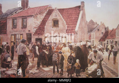 . Nederlands: 'De Vismarkt a Blankenberge' porta Franz Skarbina (1886). Visverkoop voor het 'Visch Verkoopers Huis' in de Breydelstraat inglese: "Il mercato del pesce a Blankenberge' di Franz Skarbina (1886) . 1886. Blankenberge vismarkt-Skarbina 1886 Foto Stock