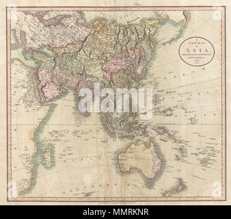 . Inglese: questo è John Cary la sorprendente 1806 Mappa di Asia e Australia e Polinesia. Copre dal Mediterraneo alle isole aleutian e dall'Artico al Sud Africa, Australia e Nuova Zelanda. Questo resi magnificamente mappa è un vero capolavoro di incisione, con gamme della montagna, laghi, deserti e fiumi eccitato con una precisione tale che il risultato appare quasi tre dimensioni. Cary inietta incredibile dettaglio per tutto con innumerevoli città, caratteristiche geografiche, fiumi, isole e corpi di acqua rilevato. Nelle desertiche regioni fresche sorgenti di acqua sono noti. Nei mari cer Foto Stock