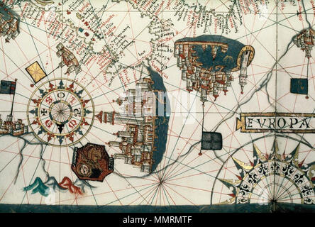 . Genova e Venezia in un codex di cinque manoscritto grafici in stile catalano; MS. su pergamena. [Close-up di Genova e Venezia in portolan chart della centrale ed il Mediterraneo occidentale e parte dell'Atlantico]. 1559. Librerie di Bodleian, Closeup di Genova e Venezia in portolan chart della centrale ed il Mediterraneo occidentale e parte dell'Atlantico Foto Stock