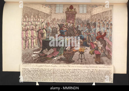 . La satira sul timore di invasione francese, 1794-1805. (Politico britannico cartoon); impostare in House of Commons, questa stampa immagina il governo MPs preso prigioniero e il portavoce della Casa ammanettato da ufficiali francesi, che sono assistiti dai membri dell'opposizione Whig, sotto le mentite spoglie di soldati francesi e dal leader Whig Fox e Sheridan, raffigurato come un fabbro e un ciabattino. Conseguenze di una riuscita invasione francese. No. 1 Piastra 1st.: Siamo venuti per recuperare il tempo perso libertà. 1 marzo 1798. A Dalrymple, Giovanni, Sir, 1726-1810 [autore] Librerie Bodleian, le conseguenze di un successo Foto Stock