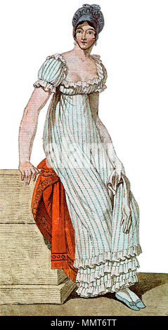 . 1810 acquerello schizzo di donna in 'Sscivolo' cofano e blue-striped in stile impero abito con balze, da Johann Adam Klein. (Lei è seduta sul suo scialle rosso per mantenere il suo vestito pulito e ha un guanto tirato fuori.) Avviso le braccia -- troppo sottile e le armi non sono stati ammirati nelle donne durante questo periodo storico. 1810. 1810-Johann-Klein-vestito Foto Stock