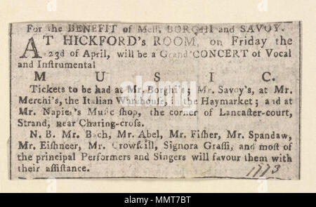 . Newscutting relative alla Hickford grande camera, Venerdì 23 Aprile, annunciando un concerto di musica vocale e strumentale per il beneficio del sig. Borghi; collegata alla scheda con Londra Posti del gioco 5 (18a,b & c); Concerto di musica vocale e strumentale; per il beneficio di confusione. Borghi e Savoia per il beneficio di confusione. Borghi e Savoia. Il 23 aprile 1773. Hickford grande camera ([Londra], Inghilterra) [autore] Bodleian biblioteche, per il beneficio di confusione. Borghi e della Savoia Foto Stock