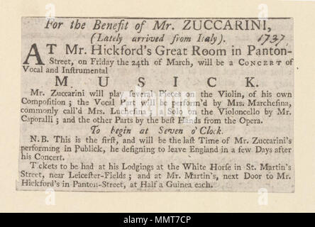 . Newscutting relative alla Hickford la Grande Sala annunciando un concerto per il beneficio del sig. Zuccarini; 1737; pezzo sul violino; da solista al violoncello; altre parti con le mani migliori dall'opera; per il beneficio del sig. Zuccarini, (ultimamente arrivati dall'Italia) a beneficio del sig. Zuccarini, (ultimamente arrivati dall'Italia). 1737. Hickford grande camera ([Londra], Inghilterra) [autore] Bodleian biblioteche, per il beneficio del sig. Zuccarini, (ultimamente arrivati dall'Italia) Foto Stock