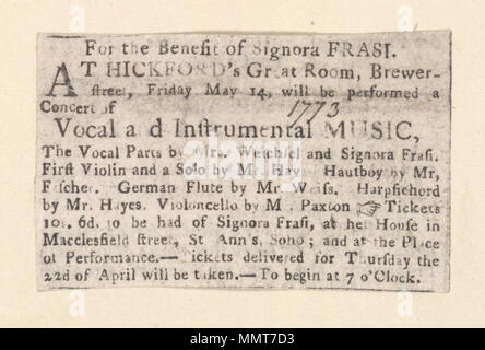 . Newscutting relative alla Hickford grande camera, venerdì 14 maggio, annunciando un concerto di musica vocale e strumentale per il beneficio della Signora Frasi; Concerto di musica vocale e strumentale; per il beneficio della Signora Frasi per il beneficio della Signora Frasi. 14 maggio 1773. Hickford grande camera ([Londra], Inghilterra) [autore] Bodleian biblioteche, per il beneficio della Signora Frasi Foto Stock