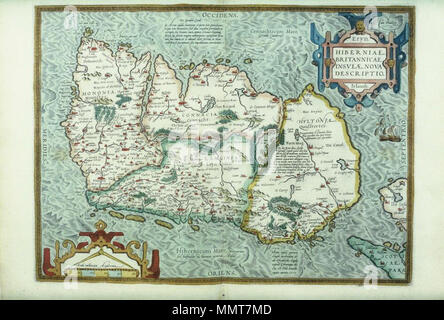 . Dalla proiezione di Mercatore 8 foglio di mappa delle isole britanniche, 1564, in Abraham Ortelius, Theatrum Orbis Terrarum, edizione in lingua inglese come il teatro del mondo intero, Londra 1606 Hiberniae Britannicae insvlae, nova descriptio. 1606. Librerie di Bodleian, Hiberniae Britannicae insvlae, nova descriptio Foto Stock