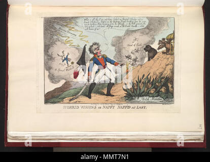 . La satira sulla guerra peninsulare. (Politico britannico cartoon); Napoleone sorge in un atteggiamento di orrore, minacciati dalla British tuono e un vortice spagnolo dietro affrontando l'animale emblemi di ex alleati, Russia, Austria e Olanda, che iniziano a manifestare opposizione.; editore numero: 55. Non in BMC. Orride visioni o: pannolino napp'd finalmente. Il 23 agosto 1808. Librerie di Bodleian, orride visioni o- pannolino napp'd finalmente Foto Stock
