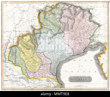 . Inglese: Questo affascinante colorate a mano 1814 mappa da Edimburgo cartografo John Thomson rappresenta il veneziano membri dell'Italia. Questo include la zona immediatamente circostante la città galleggiante di Venezia: Trevigiano, Friuli, Padova, ed il Vicentino. Si estende a Trento nel Nord, Lombardia in Oriente e gli Stati pontifici nel sud. Gli Stati veneziano. 1814. 1814 Thomson Mappa del Veneto membri (Venezia), Italia - Geographicus - VenetianStates-t-1814 Foto Stock