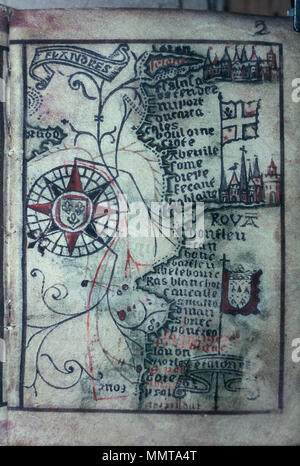 . Mappa francese della costa della Manica, stampato su pergamena con blocchi di legno, colorati a mano, da dodici foglie, detto di essere unico. [Mappa della costa del nord della Francia]. Xv secolo. Librerie di Bodleian, mappa della costa del nord della Francia Foto Stock