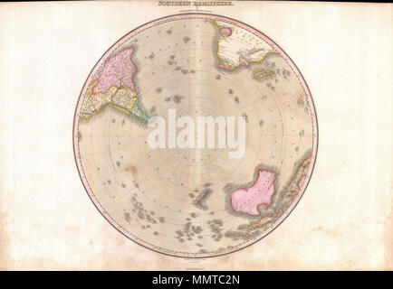 . Inglese: una rara e importante 1818 mappa dell'Emisfero Meridionale da John Pinkerton. Su una proiezione polare, questa mappa mostra l'Australia, la Polinesia e la parte del Sud America e Africa. Questa mappa è stata rilasciata dopo la ricerca della Terra Australis , o il grande Sud del continente, era stato abbandonato, ma prima della scoperta dell'Antartide - di conseguenza il polo sud è raffigurato come un vasto oceano chiamato mare ghiacciato. In più popolato terre a nord, questa mappa offre abbastanza accurata i litorali in tutto. In Africa, l'interno rimane inesplorato tranne per il Congo, la colonia del capo di un Foto Stock