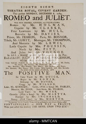 . Locandina di Covent Garden, lunedì, 6 dicembre 1784, annunciando Romeo e Giulietta &c.; Romeo e Giulietta; positivo uomo; Fontainbleau, o il nostro modo in Francia; Devil su due bastoni; [cartellone di Covent Garden, lunedì, 6 dicembre 1784, annunciando Romeo e Giulietta &c.] [cartellone di Covent Garden, lunedì, 6 dicembre 1784, annunciando Romeo e Giulietta &c.]. 6 dicembre 1784. Il Covent Garden Theatre [autore] Bodleian biblioteche, cartellone di Covent Garden, lunedì, 6 dicembre 1784, annunciando Romeo e Giulietta &amp;c. Foto Stock