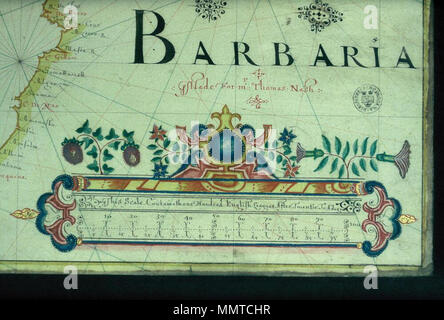 . Scala decorata in close-up da John Burston portolan del grafico, mappa RES 119 / MS. Bodl. Aggiungi. E. 10. Montati su schede a cerniera. [Portolan chart del Nord Oceano Atlantico da John Burston]. 1660. Librerie di Bodleian, Portolan chart del Nord Oceano Atlantico da John Burston Foto Stock