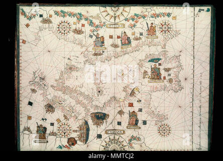 . Grafico in un codex di cinque manoscritto grafici in stile catalano; MS. su pergamena. [Portolan chart della centrale ed il Mediterraneo occidentale e parte dell'Atlantico]. 1559. Librerie di Bodleian, Portolan chart della centrale ed il Mediterraneo occidentale e parte dell'Atlantico Foto Stock