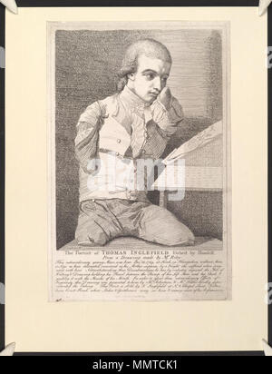 . Stampa; '...ha da parte dell'industria ha acquisito le arti della scrittura e disegno... Al fine di assistere questi straordinari sforzi di ingegno, questo disegno è stato presentato a lui dal sig. Robertson, e il sig. Fuller gentilmente supervisionato l'attacco. Questa stampa è venduto da T. Inglefield al n. 8, Chapel Street e Tottenham Court Road, dove onorevoli colleghi possono vedere lui e molti di più della sua performance"; Ritratto di Thomas Inglefield attaccato da se stesso ritratto di Thomas Inglefield attaccato da se stesso. Dicembre 1787. Librerie di Bodleian, Ritratto di Thomas Inglefield attaccato da se stesso Foto Stock