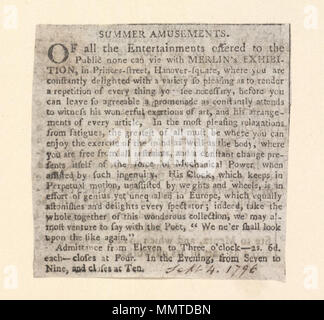 . Newscutting relative a Princes street, 4 settembre 1796, annunciando Merlin's exhibition; Sett. 4 1796 (manoscritto); Merlin's exhibition; estate divertimento estate divertimenti. Il 4 settembre 1796. Princes Street (Londra, Inghilterra) [autore] Librerie Bodleian, Estate divertimenti Foto Stock