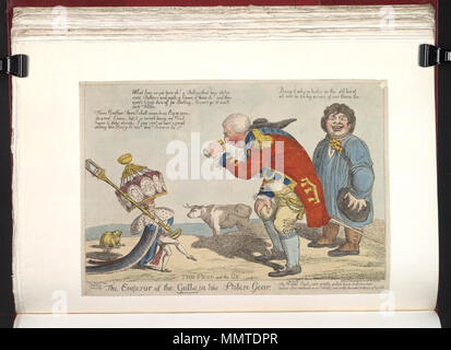 . La caricatura di Napoleone I. (politico britannico cartoon); Napoleone sfilate in un enorme corona, guarnita con un calice di veleno e uno scettro sormontato da una ghigliottina, mentre George III guarda a lui attraverso un cannocchiale, nello stesso pone come in Gillray il re di Brobdignag e Gulliver.; artista da BMC l'imperatore dei gabbiani, nel suo ingranaggio rubati: la rana e il bue. 28 maggio 1804. Librerie di Bodleian, l'imperatore dei gabbiani, nel suo ingranaggio rubato- la rana e il bue Foto Stock