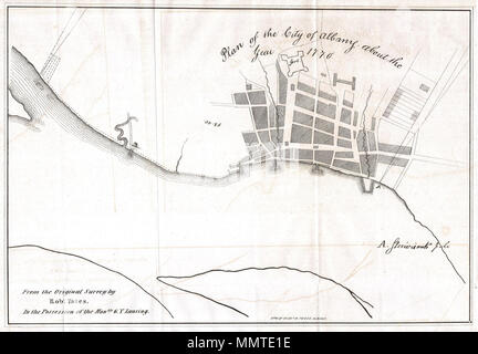 . Inglese: si tratta di un affascinante 1770 mappa della città di Albany, il Campidoglio dello Stato di New York. Mappa è stata disegnata da un originale sondaggio da Robert Yates dalla collezione dell'onorevole G. Y. Lansing. Disegnato e inciso da Richard Pease di Albany. Mostra il fort e aree portuali. Non datato ma data la carta e stile possiamo dire con precisione si tratta di un inizio del XIX secolo la ristampa. Pianta della città di Albany circa l'anno 1770.. 1820. 1820 Yates Mappa di Albany circa 1770 - Geographicus - Albany-yates-1820 Foto Stock
