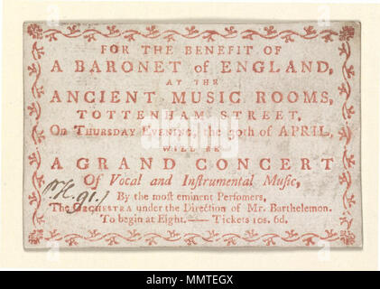 . Biglietto per la Musica Antica Camere, giovedì sera, 30 aprile, per un grande concerto di musica vocale e strumentale, dai più eminenti artisti interpreti o esecutori per il beneficio di un baronet dell'Inghilterra; stampata con inchiostro rosso; ha annotazione:'?...91'; Gran concerto di musica vocale e strumentale, dai più eminenti artisti; [Biglietto per la Musica Antica Camere, giovedì sera, 30 aprile, per un grande concerto di musica vocale e strumentale, dai più eminenti artisti interpreti o esecutori ] [Biglietto per la Musica Antica Camere, giovedì sera, 30 aprile, per un grande concerto di vocal e instrume Foto Stock