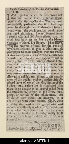 . Newscutting relative all'incendio nella sala esposizioni; Aprile 2D 1785 (manoscritto); per la stampante del pubblico inserzionista per la stampante del pubblico inserzionista. Il 2 aprile 1785. Mostra-camera ([Londra], Inghilterra) [autore] Bodleian biblioteche, alla stampante del pubblico inserzionista Foto Stock