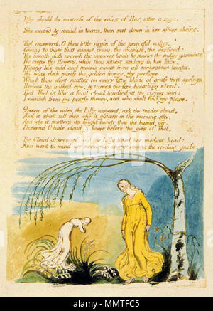 . Inglese: la piastra dal libro di Thel, copia F, nella collezione della Biblioteca del Congresso. Leaf dimensioni: 37,1 x 26,9 cm. . Stampato per la prima volta 1789, questa edizione 1795. William Blake (1757-1827) nomi alternativi W. Blake; Uil'iam Bleik Descrizione British pittore, poeta, scrittore, teologo, collezionista e incisore, Data di nascita e morte 28 novembre 1757 12 agosto 1827 Luogo di nascita e morte Broadwick Street Charing Cross sede di lavoro London Authority control : Q41513 VIAF:?ISNI 54144439:?0000 0001 2096 135X ULAN:?500012489 LCCN:?n78095331 NLA:?35019221 WorldCat Libro di Thel copia F plat Foto Stock