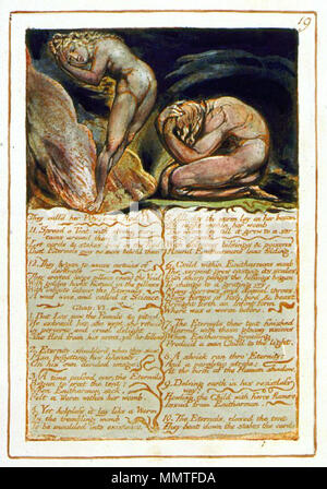 . Inglese: la piastra dal libro di Urizen copiare G, nella collezione della Biblioteca del Congresso. . Stampato per la prima volta 1794, questa copia c. 1818. William Blake (1757-1827) nomi alternativi W. Blake; Uil'iam Bleik Descrizione British pittore, poeta, scrittore, teologo, collezionista e incisore, Data di nascita e morte 28 novembre 1757 12 agosto 1827 Luogo di nascita e morte Broadwick Street Charing Cross sede di lavoro London Authority control : Q41513 VIAF:?ISNI 54144439:?0000 0001 2096 135X ULAN:?500012489 LCCN:?n78095331 NLA:?35019221 WorldCat Libro di Urizen copiare G piastra 19 Foto Stock