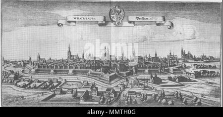 . Deutsch: Matthäus Merian (Schweiz, 1593-1650): Wratislauia - Breßlaw, 1642, Kupferstich, veröffentlicht in topographia" Germaniae - topographia" Bohemiae Moraviae et Silesiae, 1650. Stadtansicht Breslavia (Breslavia) von Süden. Mäuseteich, Schweidnitzer ira Rabenstein (Richtstätte) bei San Gertrud auf dem rabbia. Inglese: Wratislauia - Breßlaw - Breslavia - Vista della città - XVII Secolo Polski: Wrocław . 1642. Matthäus Merian (1593-1650) Breslau merian Foto Stock