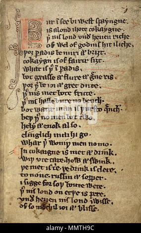 . Inglese: British Library manoscritto Harley 913, fol 3r. A metà del XIV secolo manoscritto contenente le poesie di Kildare. Figura: inizio del poema della terra di Cockaigne. . Xiv secolo. anonimo, XIV secolo. British Library MS Harley 913 fol.3r Foto Stock