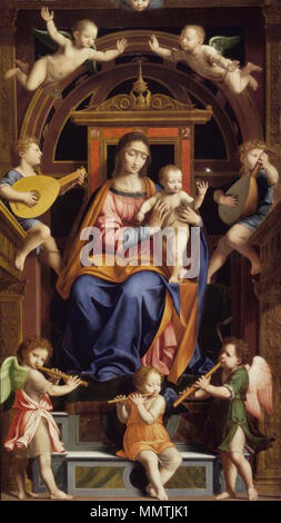 Inglese: Madonna col Bambino in trono con angeli . tra 1550 e 1600. Il Brooklyn Museum - Madonna col Bambino in trono con angeli - Laboratorio di Bernardino Luini Foto Stock