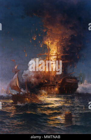 . Inglese: Esso raffigura USS Philadelphia, precedentemente catturati dal Tripolitans, risplendente dopo che lei è stato abbordato da Stephen Decatur e 60 uomini e mise in fiamme, rendendo la loro fuga in ketch Intrepid, raffigurato in primo piano. Français: Tableau montrant l'incendie du navire américain l'USS Philadelphia le 16 février 1804 dans le port de Tripoli. Capturé par les tripolitains après son échouage en octobre 1803, il finit par incendié Stephen Decatur et soixante hommes, qui s'échappent dans le ketch l'Intrepid représenté au premier plan. La masterizzazione del Frigate Philadelphia nel porto di Tripol Foto Stock