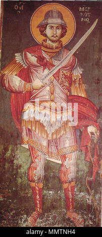 . Affresco bizantino con en:San Mercurius. Фреска с византийским св. Меркурием. Охрид, Македония . 1295. Sconosciuto icona bizantina St-Mercurius 1295 Foto Stock