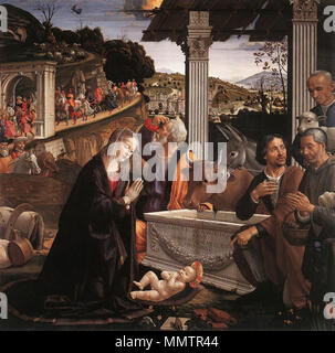 . GHIRLANDAIO, Domenico Adorazione dei pastori pannello, 167 x 167 cm Santa Trinità, Firenze . tra 1482 e 1485. vedere il nome o la categoria della Cappella Sassetti Adorazione dei pastori Foto Stock