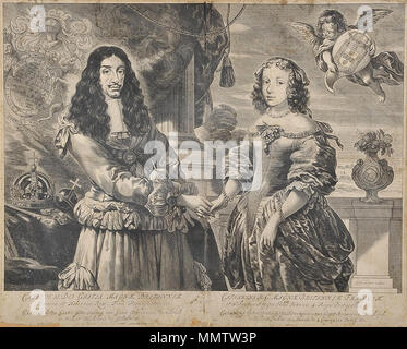 Carlos II de Inglaterra e dona Catarina de Bragança (gravura holandesa, 3.º quartel do século XVII) Foto Stock