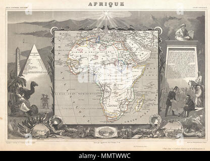 . Inglese: una splendida c. 1847 Mappa di Africa dal cartografo francese Victor Levasseur. Mostra tutto il continente con vari elementi interessanti. Un grande lago appare in Mozambico che può solo essere il Lago Malawi (Lago Nyasa). Il lago Ciad (Tchad) è anche mostrato. Numerosi i nomi dei regni africani compresi Monomotapa e ottentotti. Circondato dai confini elaborati per il quale Levasseur è meglio conosciuto. Mostra una piramide stilizzata e obelisco, un imam, un soldato francese la consultazione con gli arabi e tre città vies: Alessandria, Il Cairo e Algeri. Preparato e pubblicato per V. Levasseur la magnifica c Foto Stock