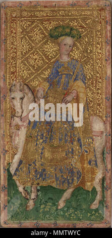 . Inglese: Horsewoman di doghe (Club) dai Visconti mazzo di tarocchi Italiano: Dama a cavallo di bastoni del mazzo tarocchi Visconti di Modrone, detti anche Cary-Yale. . Xv secolo. Bonifacio Bembo (1420-1480) nomi alternativi Bembo, Bonifazio Descrizione pittore italiano e illuminatore Data di nascita e morte 1420 dopo 1477 Luogo di nascita e morte Brescia Milano periodo di lavoro 1447-1477 sede di lavoro Milano competente controllo : Q2486190 VIAF:?13191706 ULAN:?500021037 WGA:?BEMBO, Bonifazio GND:?122469453 RKD:?6343 Cary-Yale mazzo di Tarocchi - Horsewoman di doghe Foto Stock