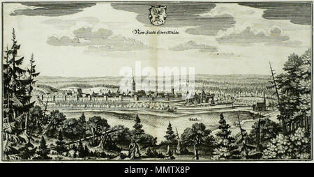 . Deutsch: Eberswalde. - Gesamtansicht, Historische Ortsansicht. Signatur unten (links von der Schubkarre) Cas. Meri..fec.(it) Deutsch: 'Nuovo Stadt Eberswalde' . 1652. Caspar Merian - Nuovo Stadt Eberswalde Foto Stock