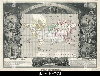 . Inglese: si tratta di una rara 1847 Mappa del mondo dal francese editore Mappa Victor Levasseur. Probabilmente Levassuer più ricercati dopo atlas mappa. Raffigura il mondo su una proiezione di Mercatore con continenti e alcuni paesi definiti con colore di contorno. Offre pochi elementi di interesse geografico. Questa mappa mostra la frontiera Oregon-Canada estendendosi verso nord in quello che oggi è la British Columbia lungo la 54°40' nord parallelo. Il layout della mappa, se non la mappa stessa, preesistente all acquisizione di California e Texas dagli Stati Uniti. Tracce di Antartide appaiono lungo la parte inferiore della mappa in cui vari expl Foto Stock