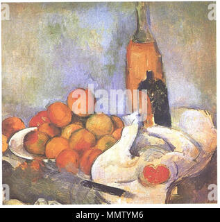 Francese: Bouteilles et pêches ancora vita con bottiglie e mele. 1890. Cezanne - Stilleben mit Flaschen und Apfel Foto Stock