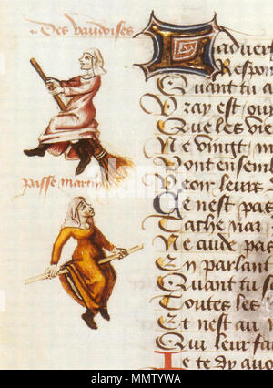 . Deutsch: Hexenflug der 'Vaudoises' (hier Hexen, ursprünglich Waldenser) auf dem Besen, Miniatur in einer Handschrift von Martin Le Francia, Le champion des dames, 1451 Inglese: illuminazione raffigurante due streghe su una scopa e un bastone, in Martin Le Franc "Ladies' Campione', 1451 Français : Enluminure représentant le vol de deux sorcières sur onu balai et bâton onu, dans le Champion des dames de Martin le Franc, 1451. . 1451. Martin Le Francia (1410-1461) Campione des dames Vaudoises Foto Stock