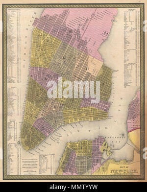 . Inglese: questa colorata a mano mappa della città di New York è una litografia di incisione, risalente al 1850 dall'American cartografo S.A. Mitchell Suor mappa epicts l'isola di Manhattan dalla 37th street (Kips Bay) sud a Battery Park e Brooklyn da Williamsburg a Columbia San il tutto è illustrato in dettaglio un magnifico con molti edifici importanti, che vanno dalla Brooklyn Cantiere Navale di importanti alberghi e chiese, raffigurato e marcato. Uno dei più visivamente accattivante mappe di New York City di emergere dal workshop di una metà del XIX secolo americano cartografo. Città di New York. 1850 (undate Foto Stock