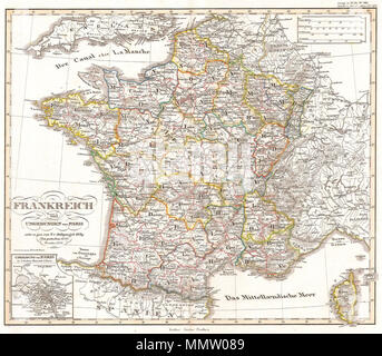 . Inglese: Questo affascinante colorate a mano la mappa mostra l'Impero Francese nel 1852. Piccolo inserto mostra la vicinanza di Parigi. Tutto il testo in tedesco. Frankreich und Umgebungen von Parigi.. 1850. 1850 Perthes Mappa di Francia - Geographicus - Francia-perthes-1850 Foto Stock