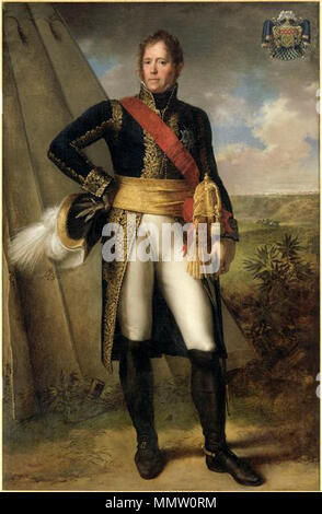 . Italiano: Il maresciallo Michel Ney, olio su tela, 217 x 141 cm, Musée national du Château et des Trianons, Versailles Français : ritratto (Ney Michel, homme, maréchal, Elchingen duc d', La Moskova prince de, en pied de trois-qt, passementerie, armoiries, spada) Inglese: Ritratto (Ney, Michel. Man. Il maresciallo di Francia. Il duca di Elchingen. Il Principe di Mosca. In piedi. 3/4. Passamaneria (su uniformi, armi, spada. . 1804. Charles Meynier Michel Ney 2 Foto Stock