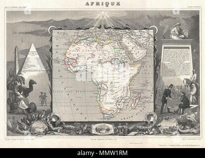 . Inglese: un raffinato esempio di V. Levasseur è desiderabile mappa decorativo di Africa, datata 1852. Mostra l'intero continente secondo la percezione del tempo. Gran parte degli interni è vago e unmapped, con l'eccezione del nord della Valle del Nilo, le colonie francesi in Senegal, Gambia, e l'Algeria e le colonie di olandese e inglese in Sud Africa. Offre un semi-accurate mapping del Niger, che è insolito per il periodo. Identifica correttamente il Lago Ciad. Il tutto è circondato da elaborare incisioni decorative progettato per illustrare sia le bellezze naturali e la ricchezza degli scambi di Foto Stock