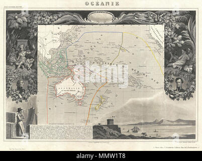 . Inglese: un raffinato esempio di V. Levasseur è desiderabile mappa decorativi della Polinesia e Australia, datata 1852. Copre il Pacifico da Sumatra alla costa della California, concentrandosi su Australia e Nuova Zelanda, Indonesia e isole della Polinesia. Il tutto è circondato da elaborare incisioni decorative progettato per illustrare le ricchezze del commercio della regione. Vi è una breve storia testuale della regione rappresentata nella parte inferiore sinistra del quadrante. Pubblicato da V. Levasseur nel 1852 edizione del suo Atlas National de la France Illustree. Oceanie.. 1852 (non datato). 1852 Levasseur Mappa di Australia e Polynes Foto Stock
