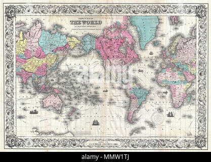 . Inglese: una rara ed estremamente attraente mappa di piegatura del mondo di J. H. Colton. Questa mappa, comprendente il mondo intero, è stato preparato da Colton nel 1852 per la questione in J. & H. Miller la pubblicazione nel 1855 edizione di Blake il volume del mondo… . In preparazione di questa mappa, Colton ridotta e abbellito il suo importante parete 1848 Mappa del mondo. Centrato su America, la mappa mostra tutto il mondo conosciuto nel 1855. Mostra Antartide solo parzialmente. Illustra le rotte percorse da importanti esploratori tra cui cucinare, Vancouver, PEROUSE, U.S. Nave Vincennes, e altri. Decorate con otto e Foto Stock