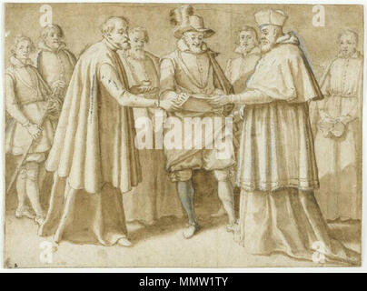Français : Henri IV signant la ratifica de son abiura . Il XVII secolo. Chimenti - Henri IV signant la ratifica de son abiura Foto Stock