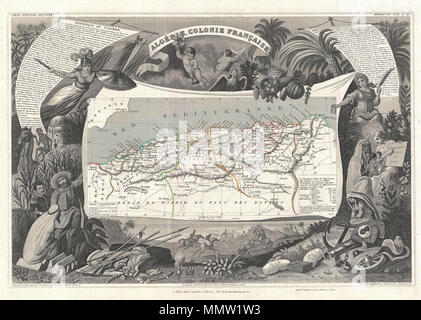 . Inglese: si tratta di un affascinante 1852 Levasseur mappa della colonia francese di Algeria. Mostra la regione suddivisa in province amministrative di Oban, Alger e Costantino. La mappa vera e propria è circondata da elaborare incisioni decorative progettato per illustrare sia le bellezze naturali e la ricchezza del commercio della terra. Vi è una breve storia testuale della regione rappresentata a sinistra e a destra della mappa. Pubblicato da V. Levasseur nel 1852 edizione del suo Atlas National de la France Illustree. Algerie, Colonie Francaise.. 1852 (non datato). 1852 Levasseur Mappa di Algeria - Geographicus - Alge Foto Stock