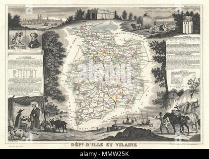 . Inglese: si tratta di un affascinante 1852 Mappa del dipartimento francese della Ille et Vilaine. La Francia. Il suo litorale è famoso per i suoi piatti di pesce, e soprattutto le sue ostriche. La zona è conosciuta anche per la sua notevole megalitico di rovine preistoriche. Il tutto è circondato da elaborare incisioni decorative progettato per illustrare sia le bellezze naturali e la ricchezza del commercio della terra. Vi è una breve storia testuale delle regioni rappresentate su entrambi i lati sinistro e destro della mappa. Pubblicato da V. Levasseur nel 1852 edizione del suo Atlas National de la France Illustrée. Il testo in francese: STATISTIQU Foto Stock