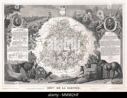 . Inglese: si tratta di un affascinante 1852 Mappa del dipartimento francese della Sarthe, Francia. Circonda la città capitale di Le Mans. La mappa vera e propria è circondata da elaborare incisioni decorative progettato per illustrare sia le bellezze naturali e la ricchezza del commercio della terra. Vi è una breve storia testuale delle regioni rappresentate su entrambi i lati sinistro e destro della mappa. Pubblicato da V. Levasseur nel 1852 edizione del suo Atlas National de la France Illustree. Dept. de la Sarthe.. 1852 (non datato). 1852 Levasseur Mappa del Dipartimento de La Sarthe, Francia - Geographicus - Sarthe-levasseur-1852 Foto Stock